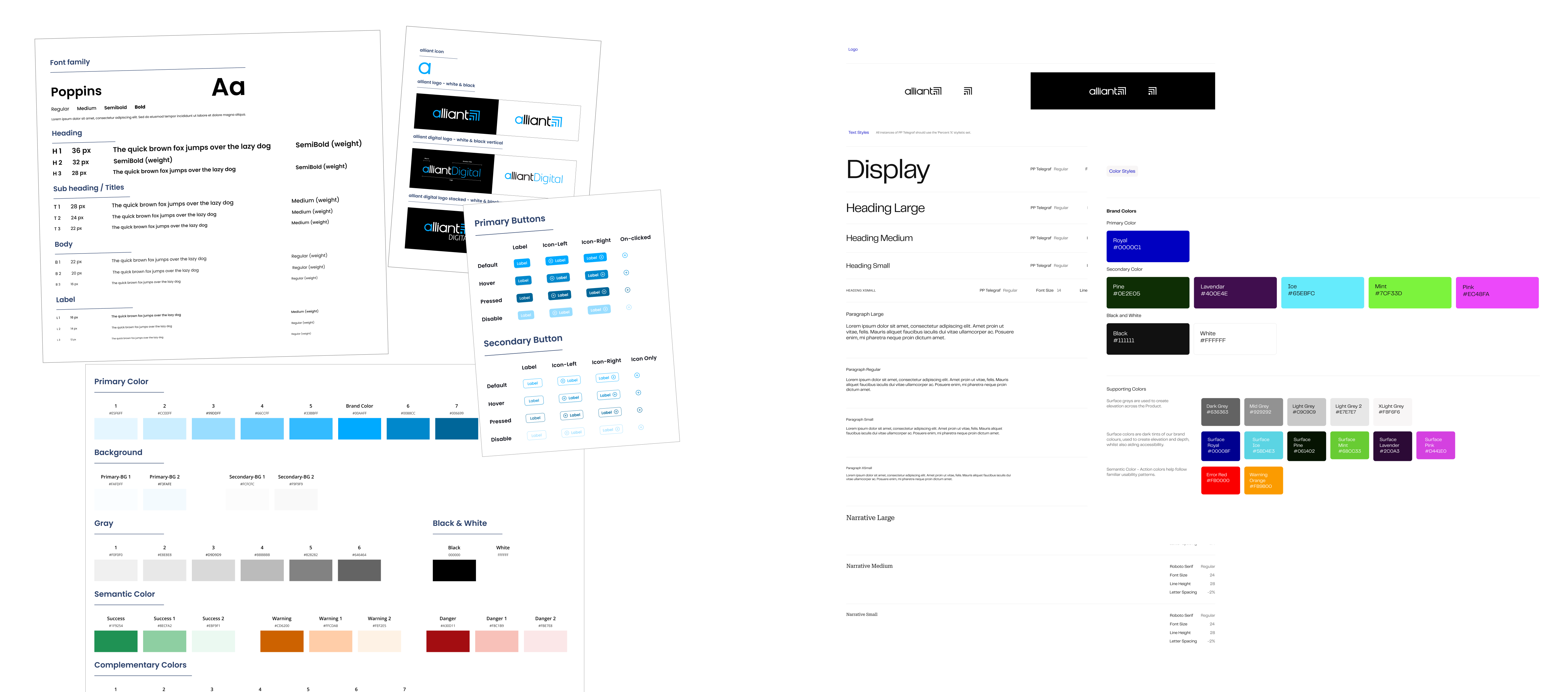 alliant design system documentation: type scale, logos, buttons, and color palettes across v1 and v2