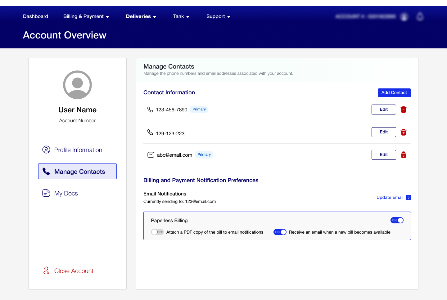Account summary redesign: a cleaner account overview with profile, manage contacts, and notification preferences