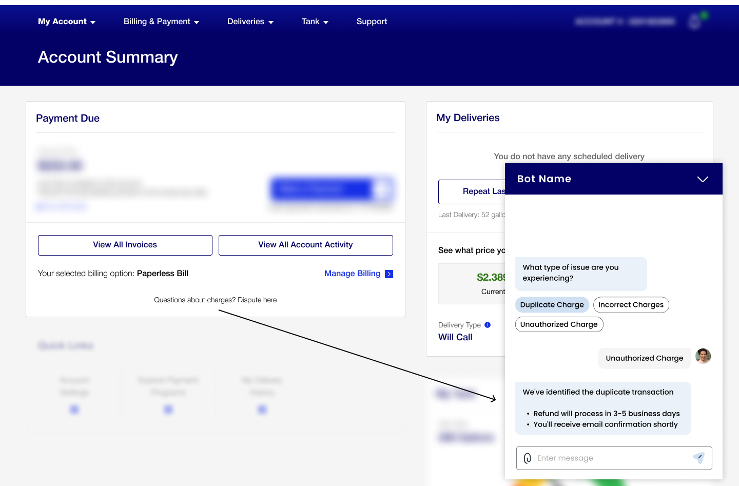 Billing quick win: disputes redirected to a live chat assistant from the account summary