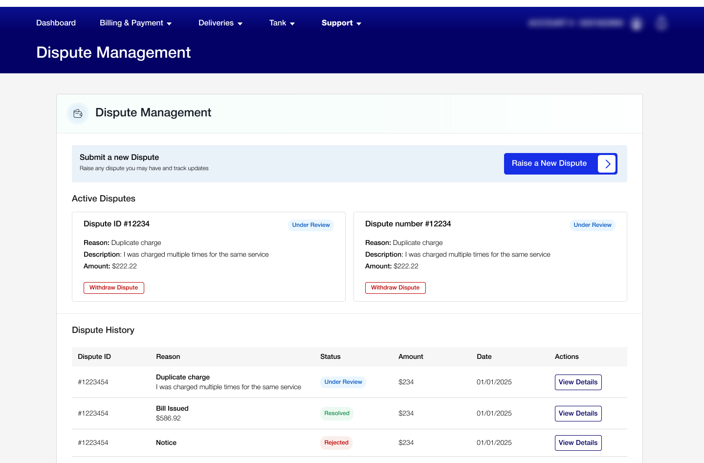 Billing full redesign: a dedicated dispute management page to raise and track disputes