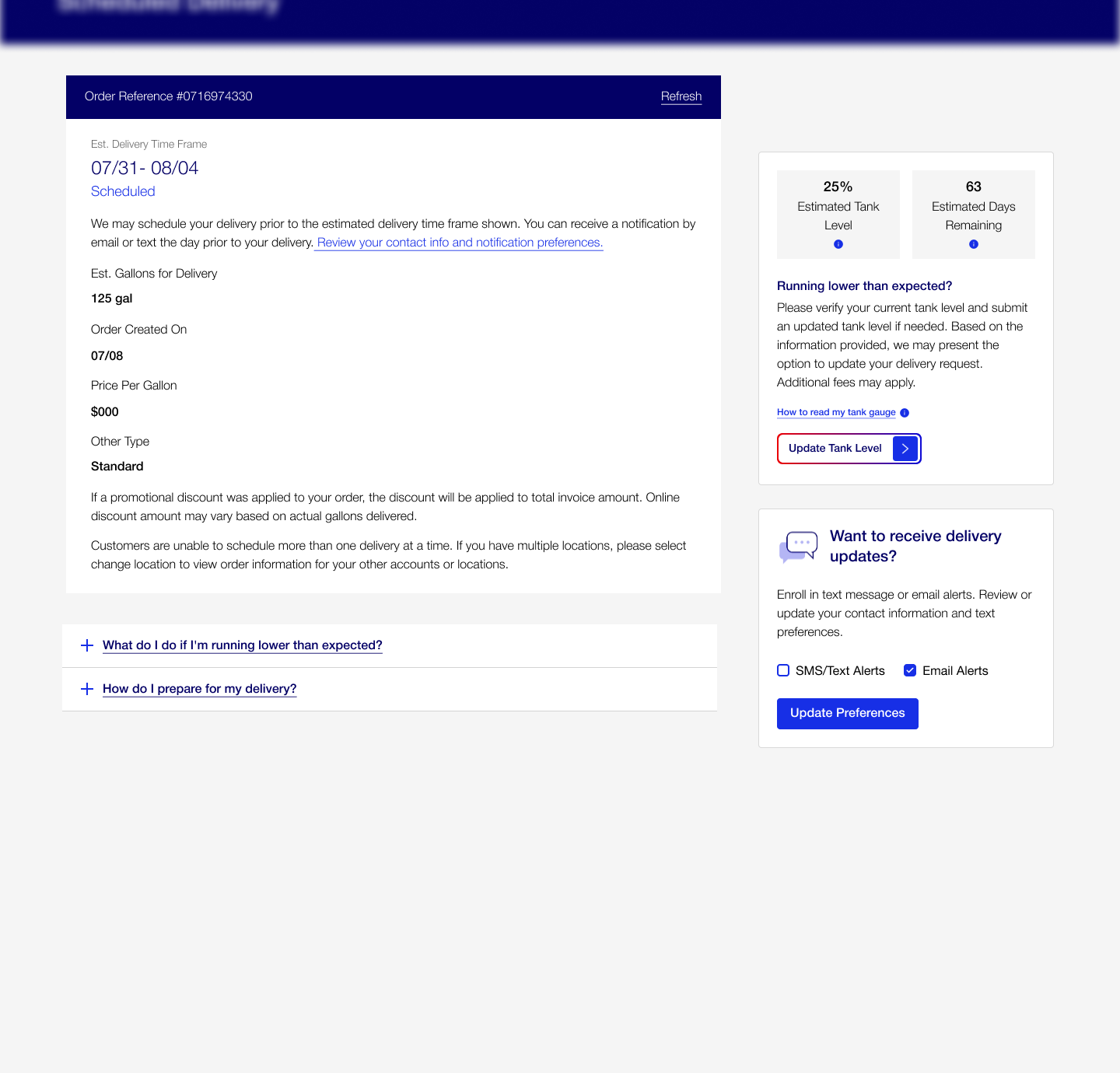 Current delivery page