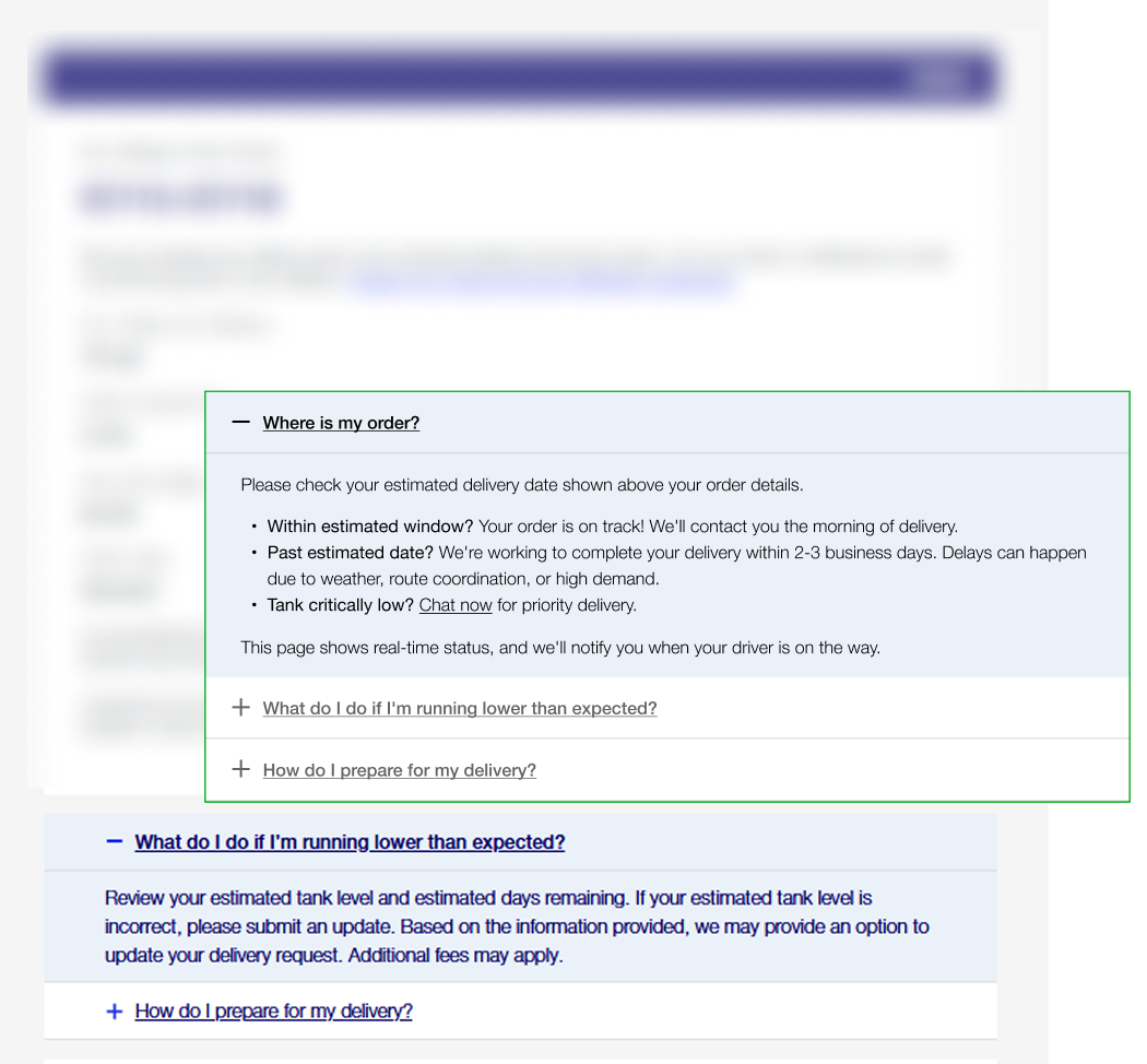 Delivery quick win: an order-status panel and FAQ added to the existing delivery page