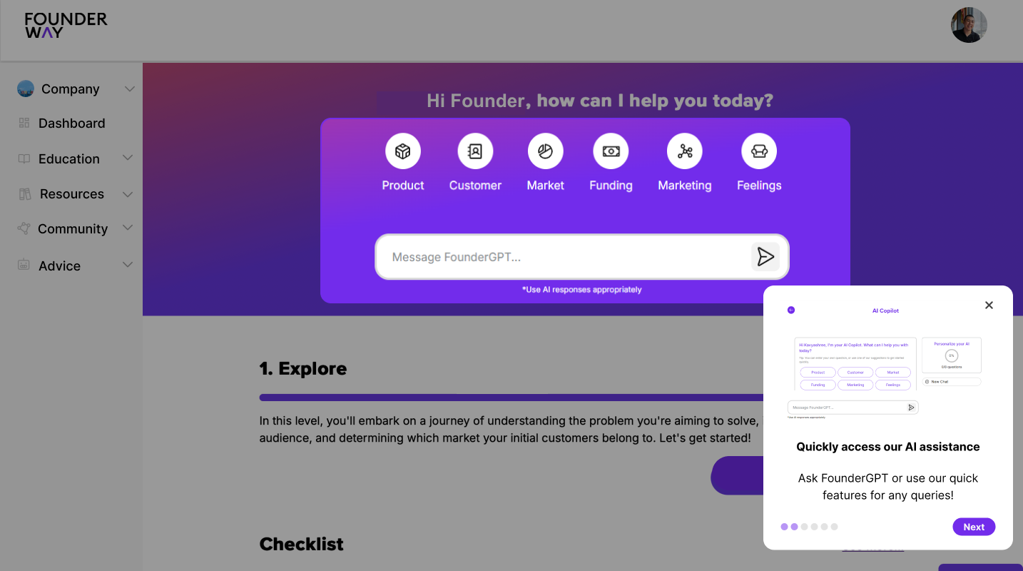 Hi-fidelity FounderWay walkthrough, screen 2: Home dashboard with the AI Copilot tour pop-up, 'Quickly access our AI assistance'
