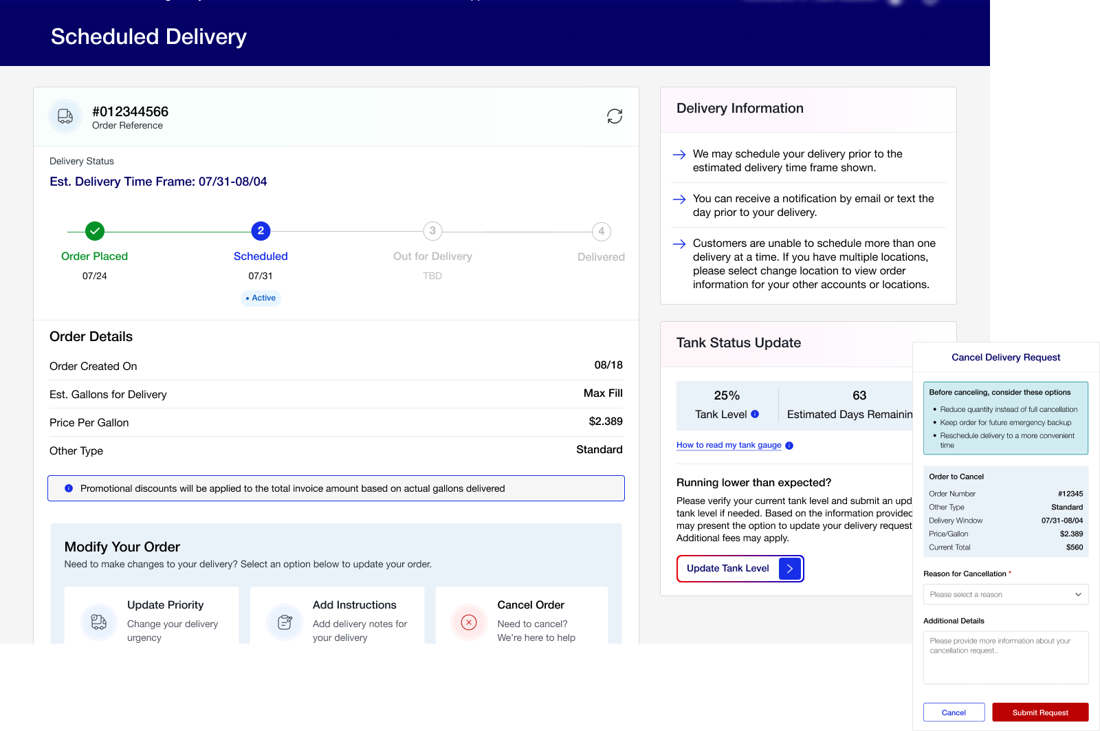 Customer self-service portal, redesigned scheduled delivery and tank status screens